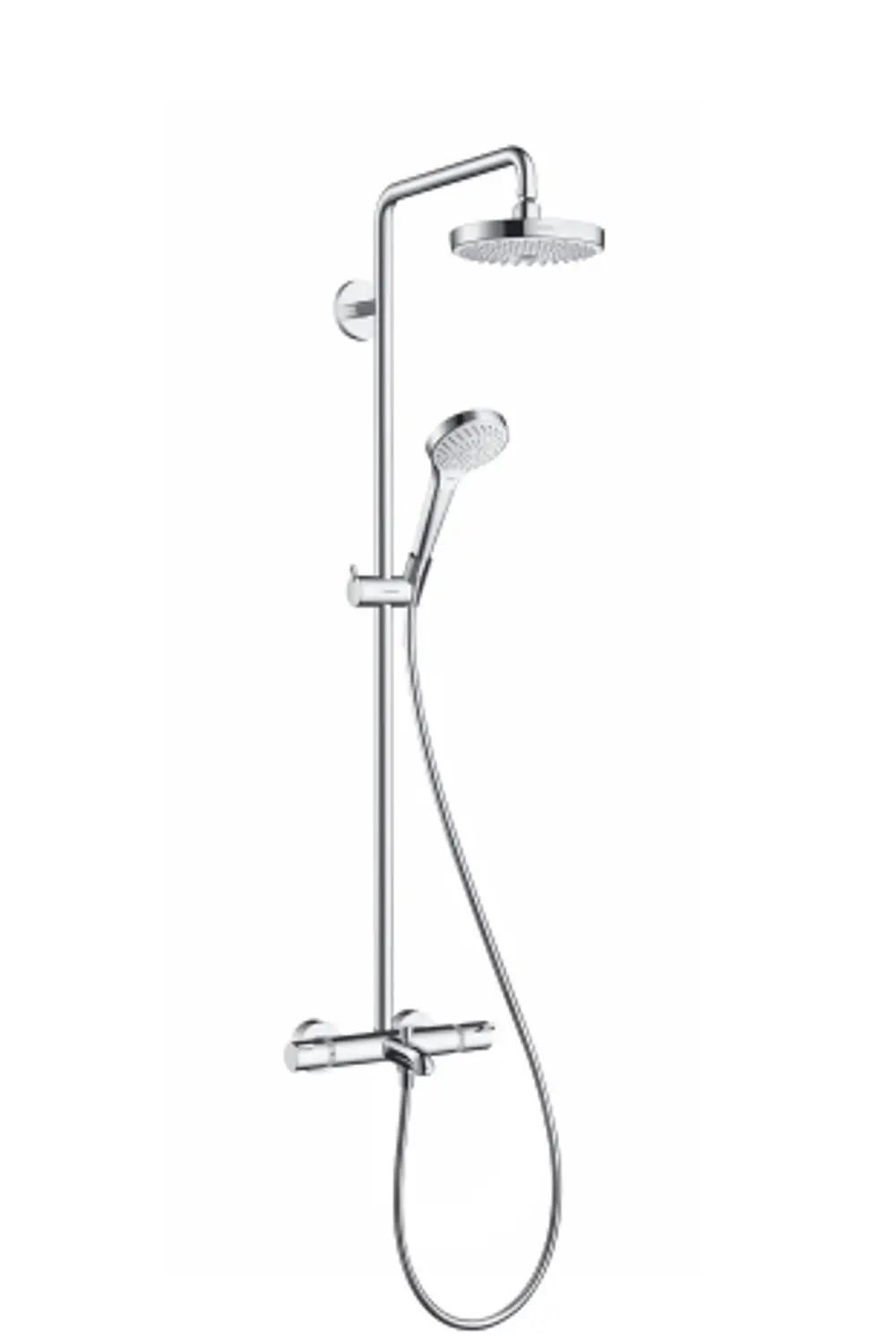 Hängendes Duschsystem von Hansgrohe mit zwei Duschköpfen, einem festen Kopf und einem Handbrause, wandmontiert mit Thermostatarmatur in Chromfarben.